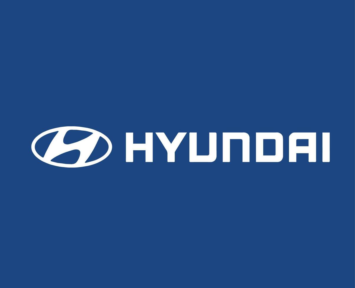 hyundai varumärke logotyp bil symbol med namn vit design söder koreanska bil vektor illustration med blå bakgrund