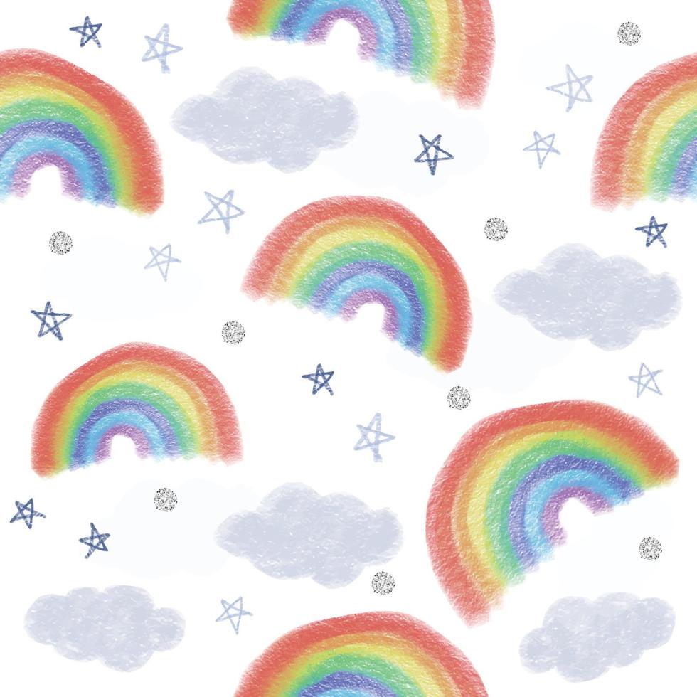 sömlös hand rita himmel mönster bakgrund med glitter regnbåge och stjärna vektor