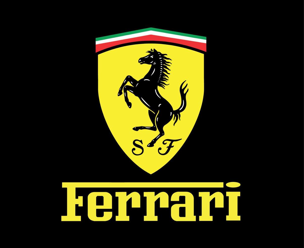 ferrari varumärke logotyp bil symbol med namn design italiensk bil vektor illustration med svart bakgrund