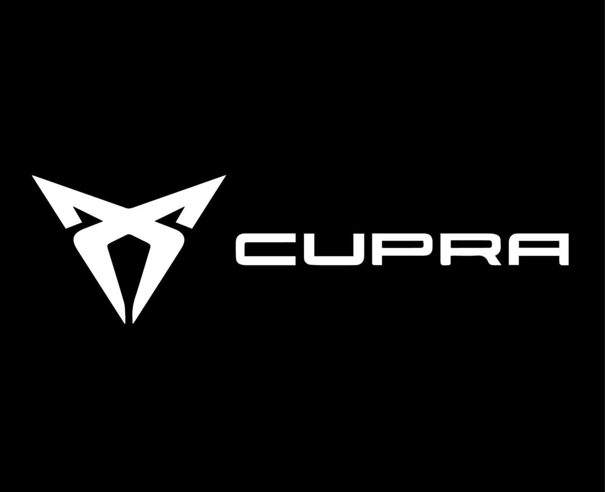 cupra varumärke logotyp bil symbol med namn vit design spanska bil vektor illustration med svart bakgrund