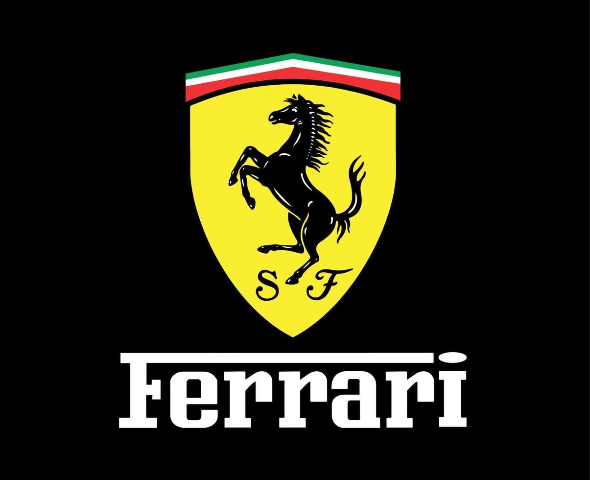 ferrari logotyp varumärke bil symbol med namn design italiensk bil vektor illustration med svart bakgrund