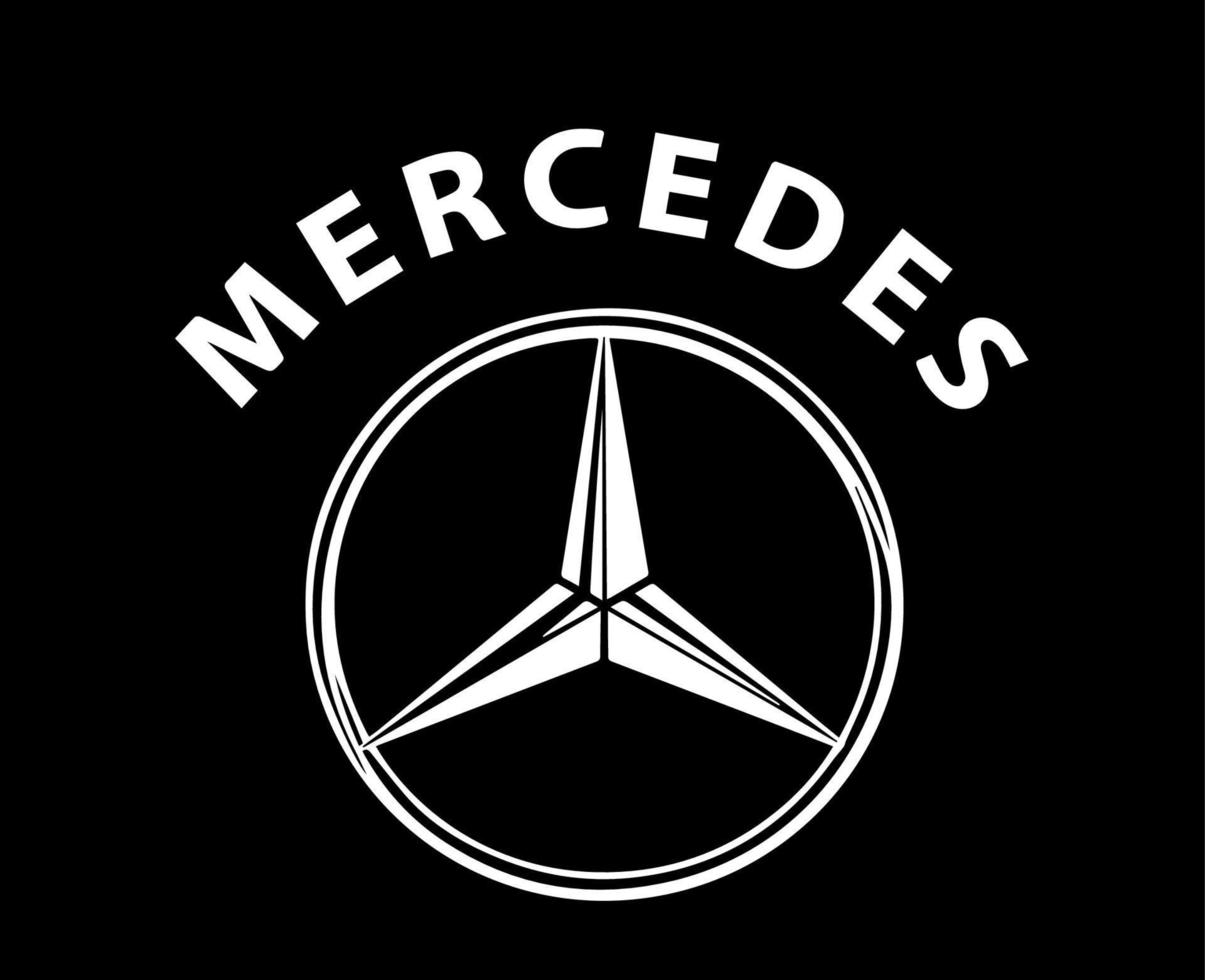 mercedes varumärke logotyp bil symbol med namn vit design tysk bil vektor illustration med svart bakgrund