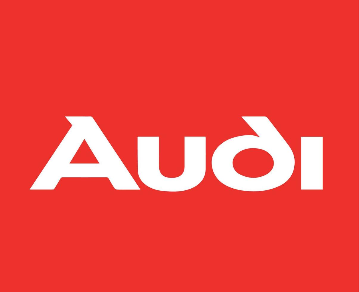 audi varumärke symbol logotyp namn vit design tysk bilar bil vektor illustration med röd bakgrund