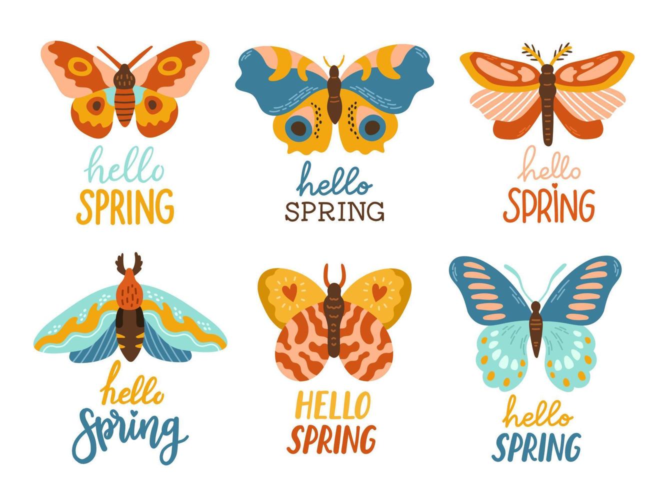 Hallo Frühling Hand gezeichnet einstellen eben Vektor Illustration. Beschriftung Frühling Jahreszeit mit Schmetterling zum Gruß Karte