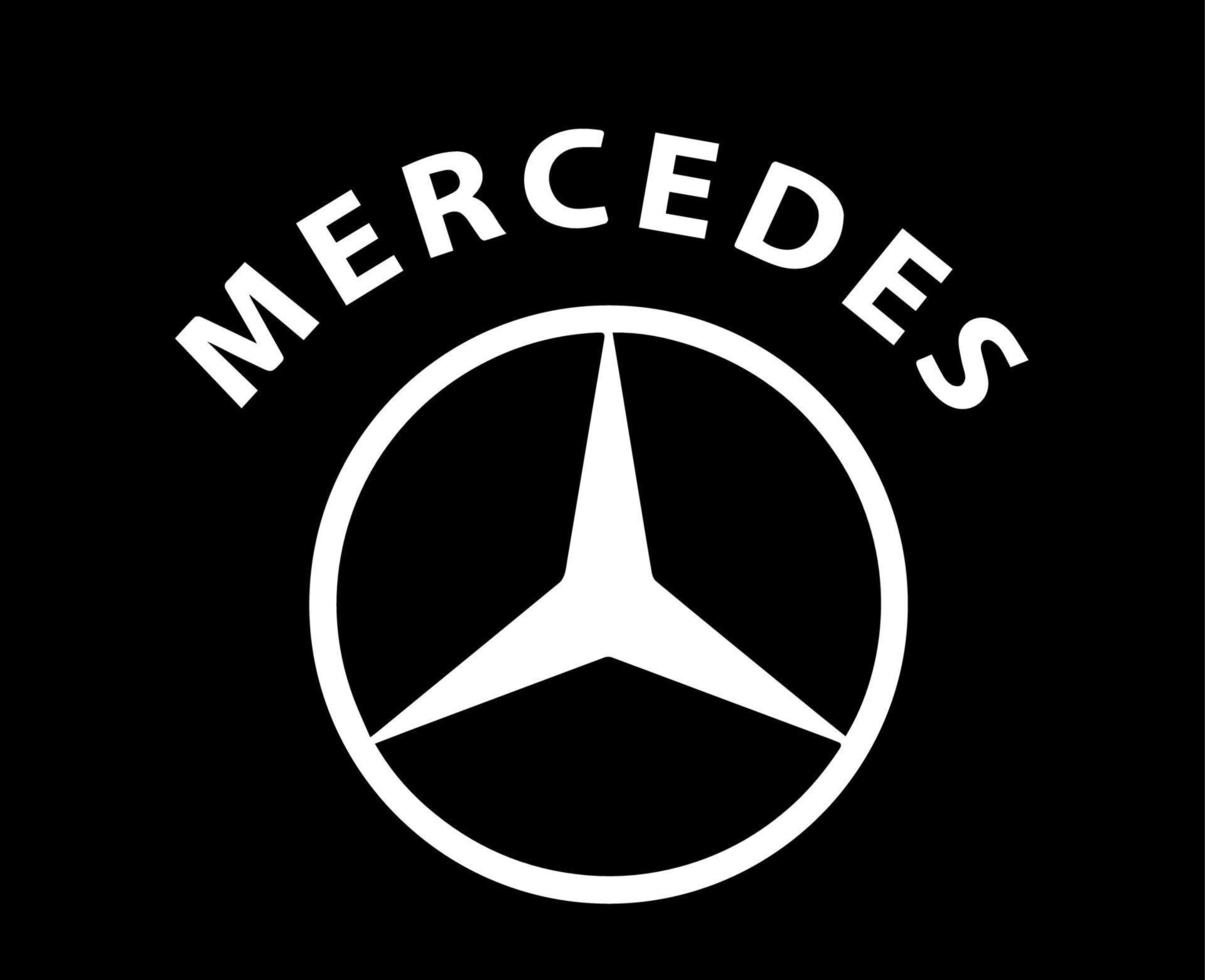 Mercedes Marke Logo Symbol mit Name Weiß Design Deutsche Auto Automobil Vektor Illustration mit schwarz Hintergrund