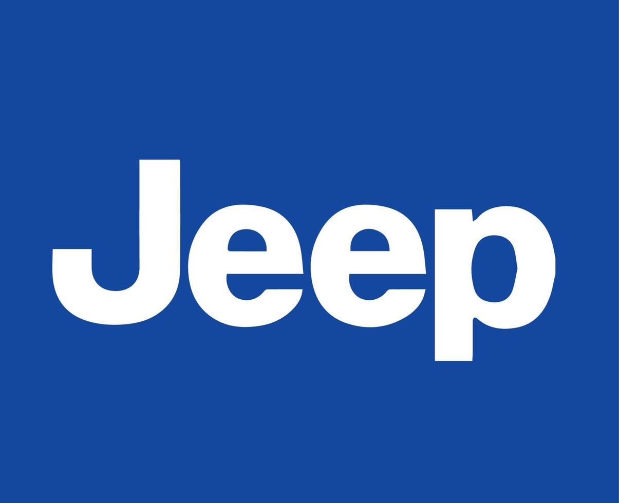 Jeep Marke Logo Auto Symbol Weiß Design USA Automobil Vektor Illustration mit Blau Hintergrund