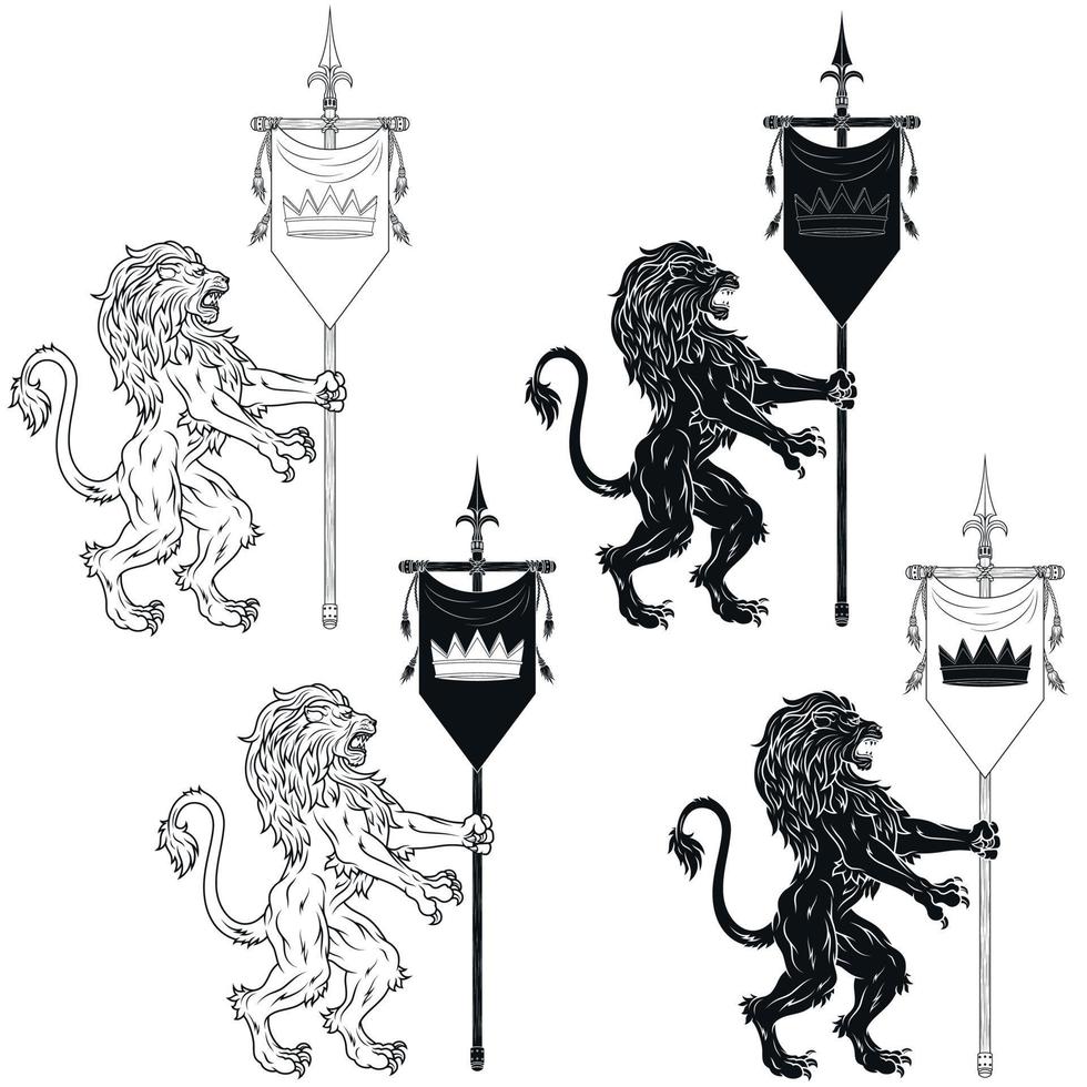 Vektor Design von zügellos Löwe mit mittelalterlich Wimpel, heraldisch Symbol von europäisch Mitte Alter