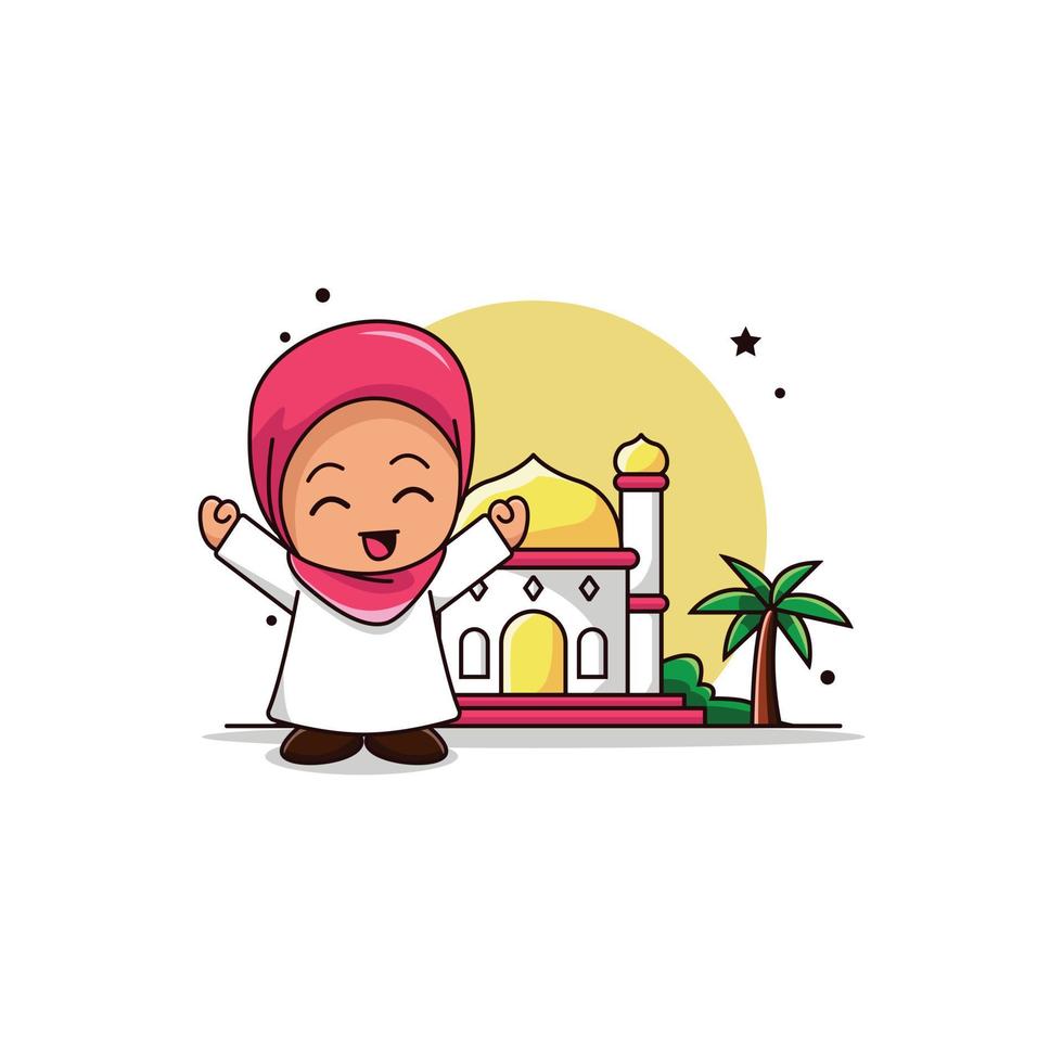 islamic karaktär logotyp illustration. söt flicka med moské bakgrund. vektor