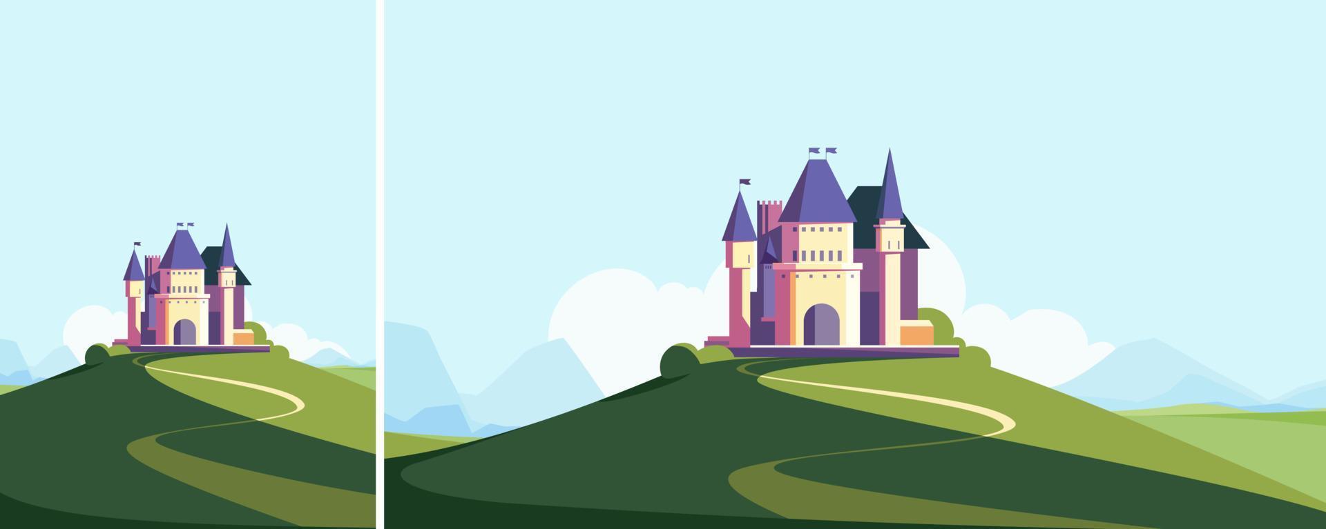 Schloss auf das Hügel im Sommer- Jahreszeit. Landschaft mit mittelalterlich Gebäude im anders Formate. vektor