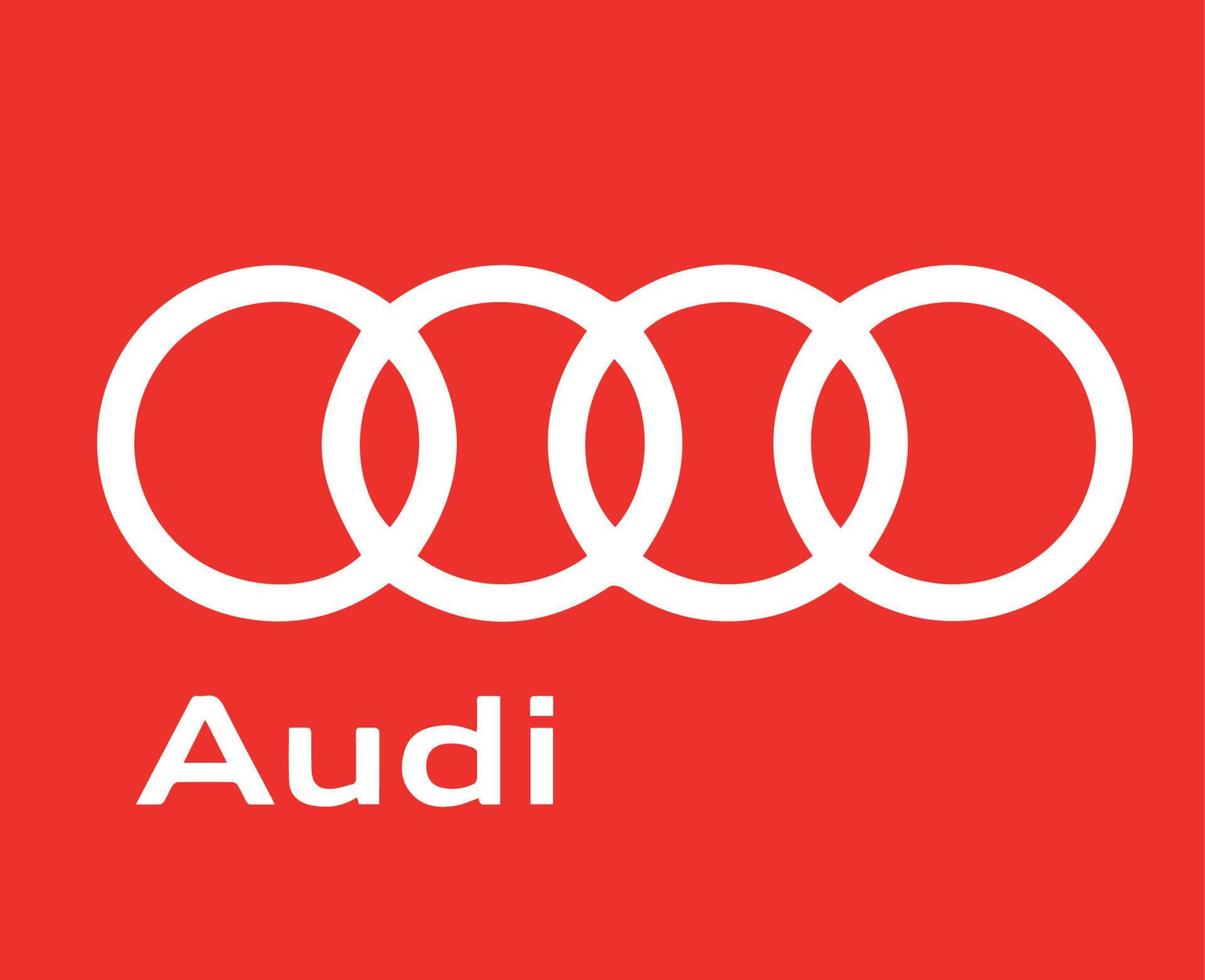 audi Marke Logo Symbol mit Name Weiß Design Deutsche Autos Automobil Vektor Illustration mit rot Hintergrund