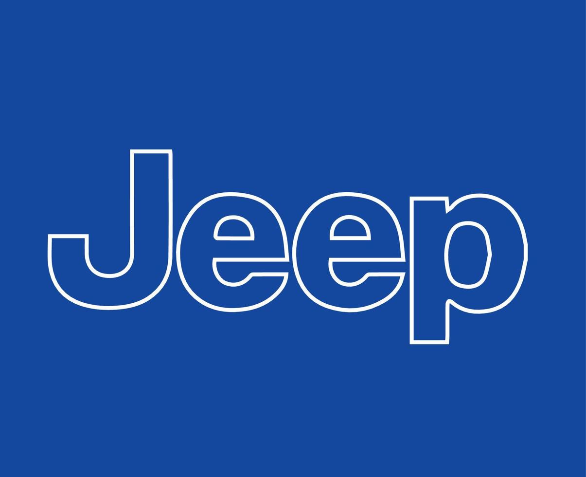 jeep varumärke logotyp bil symbol namn vit design USA bil vektor illustration med blå bakgrund
