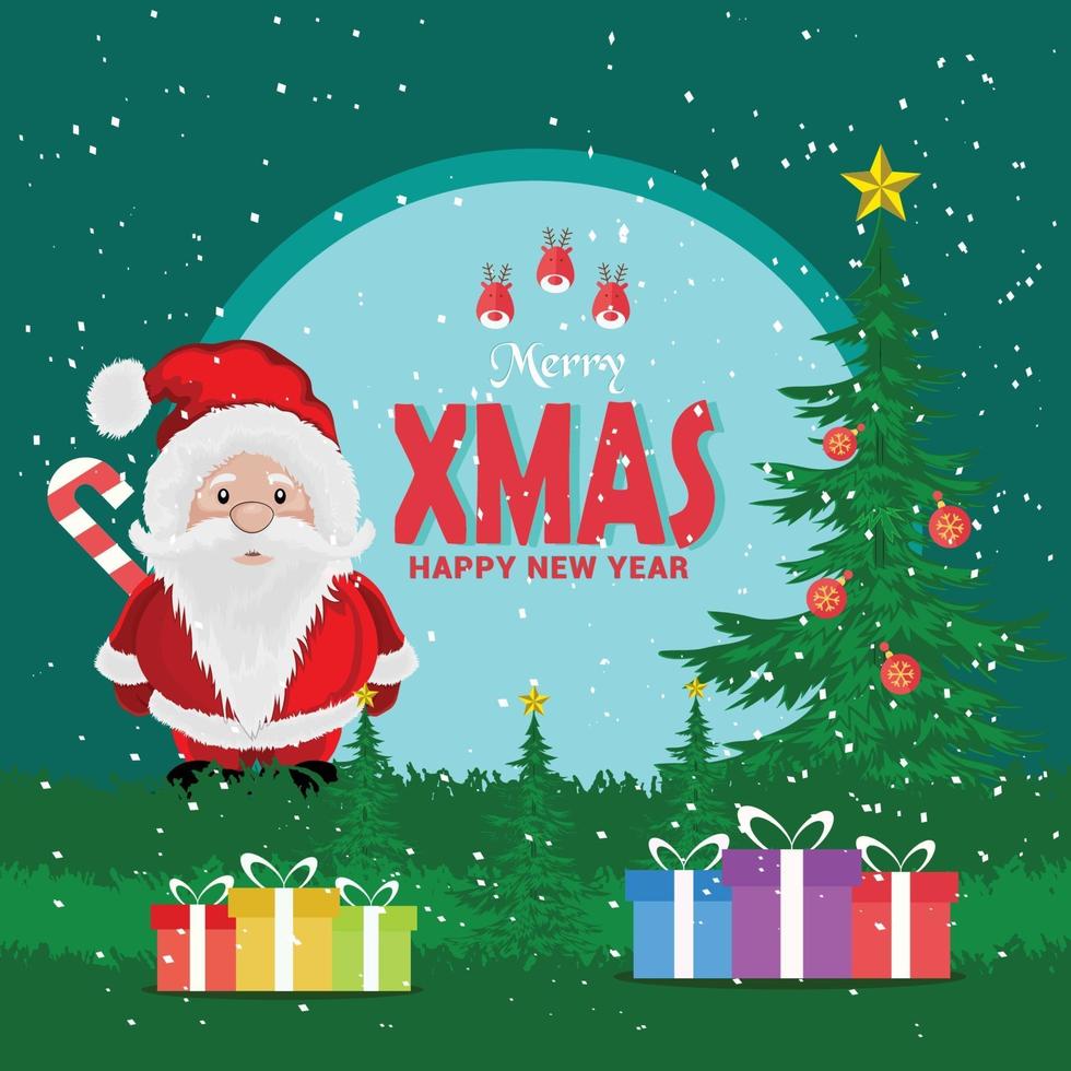jultomten med presenter, träd och snöflingor vektor