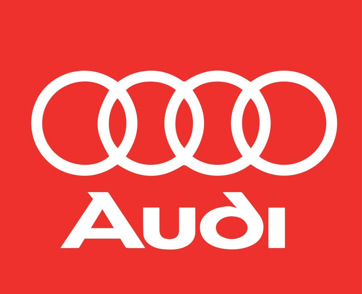 audi Marke Symbol Logo mit Name Weiß Design Deutsche Autos Automobil Vektor Illustration mit rot Hintergrund