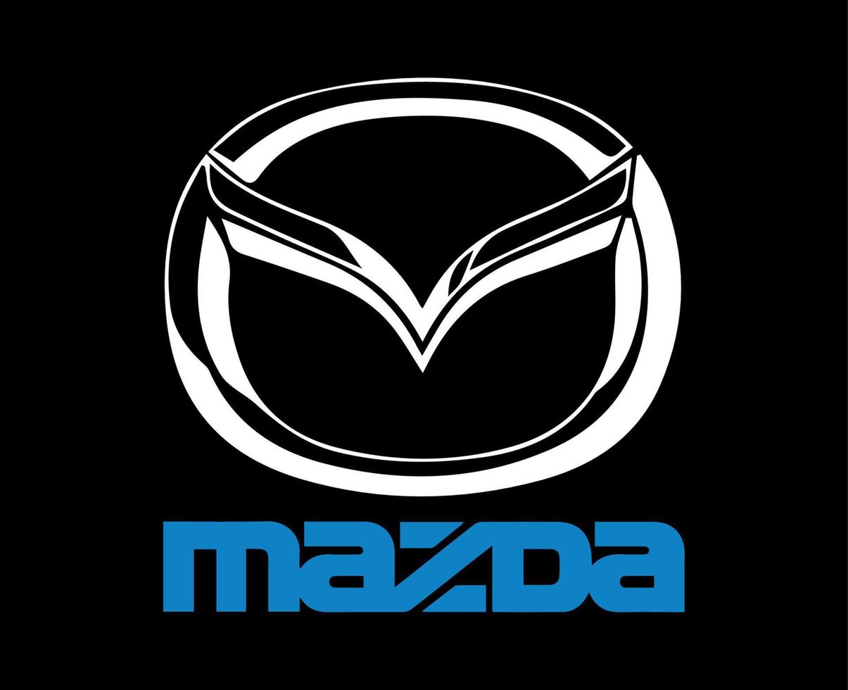 mazda varumärke logotyp symbol vit med namn blå design japan bil bil vektor illustration med svart bakgrund