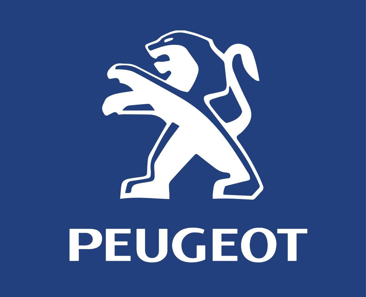 peugeot logotyp varumärke bil symbol med namn vit design franska bil vektor illustration med blå bakgrund