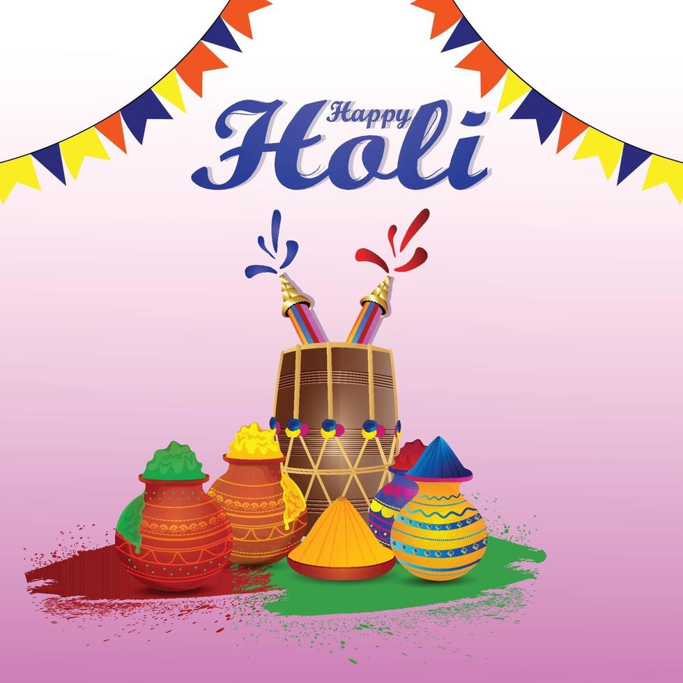 gratulationskort för Holi firande med färgglada skål och färgpistol vektor