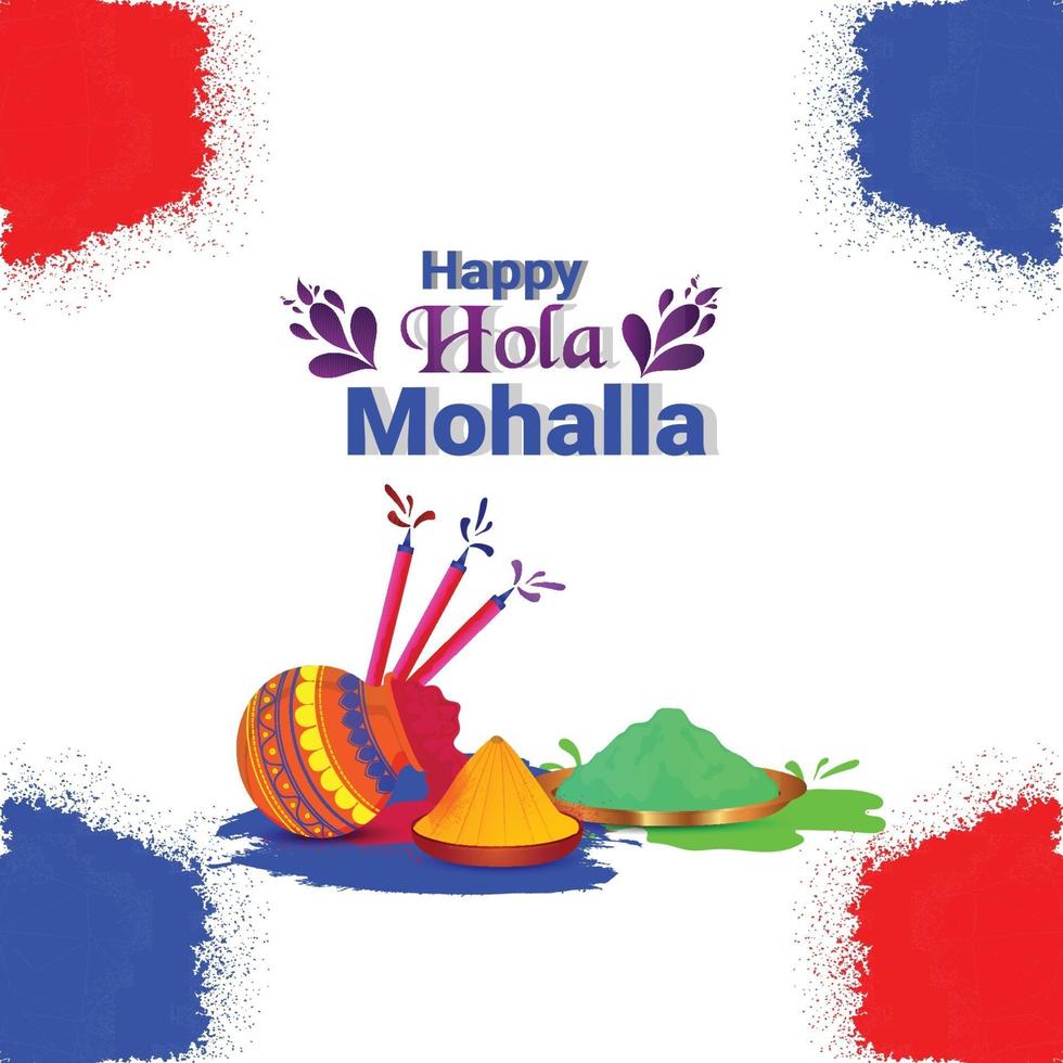 gratulationskort för Holi firande med färgglada skål och färgpistol vektor