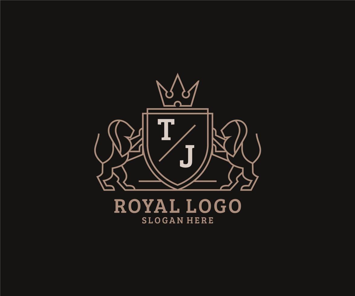första tj brev lejon kunglig lyx logotyp mall i vektor konst för restaurang, kungligheter, boutique, Kafé, hotell, heraldisk, Smycken, mode och Övrig vektor illustration.