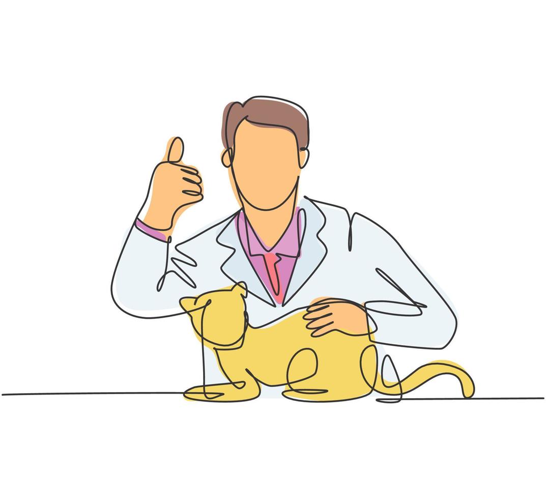 Eine Strichzeichnung eines jungen glücklichen Tierarztes stellt die Geste Daumen hoch nach der Behandlung einer kranken Katze in der Klinik. Gesundheitskonzept für Haustiere. durchgehende Linie zeichnen Design-Vektor-Illustration vektor