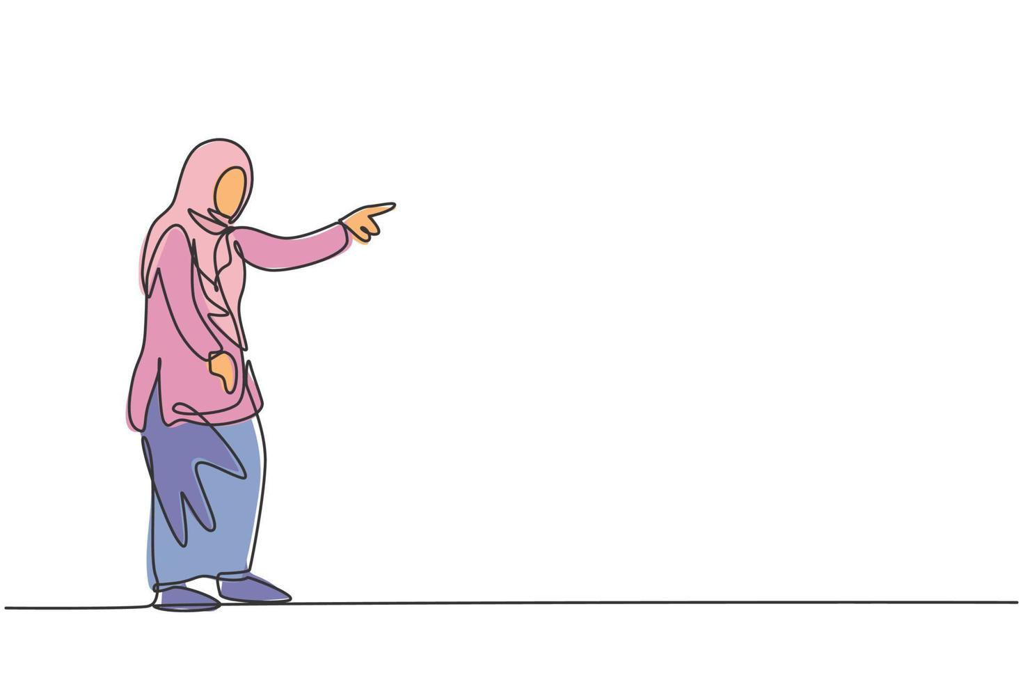 kontinuerlig en radritning av ung kvinnlig arabisk arbetare som pekar finger mot kollegan. framgång affärschef minimalistisk koncept. trendig enkel linje rita design vektor grafisk illustration