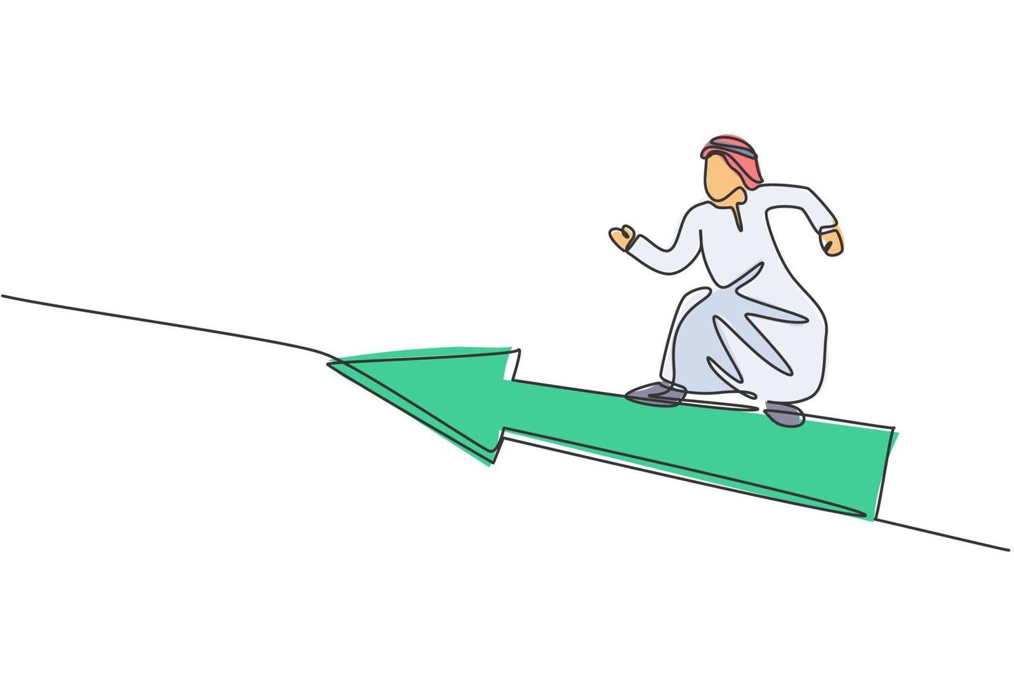 enda enradsteckning av ung arabisk manlig entreprenör som flyger med pilen framåt. snabb affärstillväxt minimal koncept. modern kontinuerlig linje rita design grafisk vektor illustration