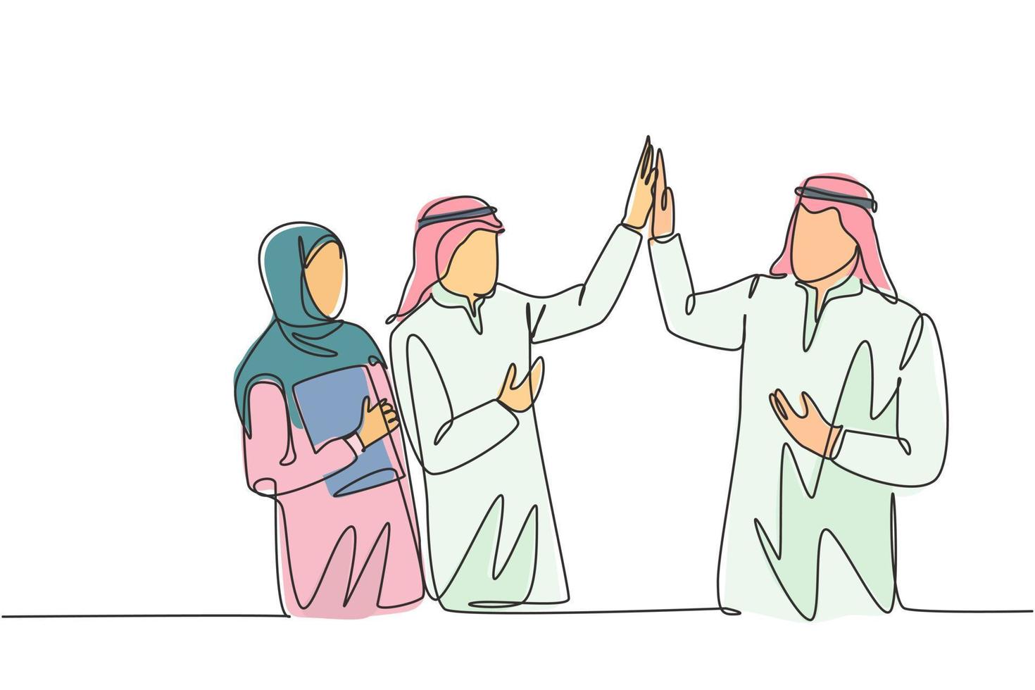 Eine einzige Strichzeichnung junger muslimischer Angestellter, die Freunden eine High Five-Geste geben. saudi-arabische geschäftsleute mit shmag, kandora, kopftuch, thobe. durchgehende Linie zeichnen Design-Vektor-Illustration vektor