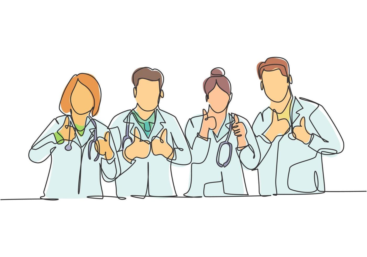 Eine Strichzeichnung von Gruppen junger glücklicher männlicher und weiblicher Ärzte, die als Symbol für Service-Exzellenz die Geste Daumen hoch geben. medizinisches Teamarbeitskonzept. durchgehende Linie zeichnen Design-Vektor-Illustration vektor