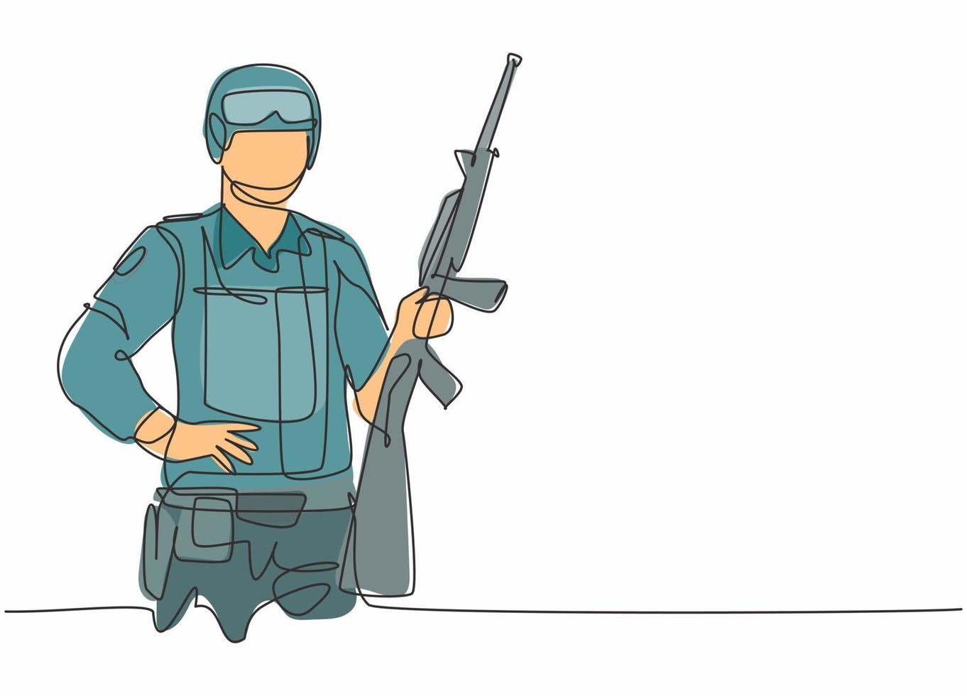 einzelne einzeilige Zeichnung eines jungen männlichen Soldaten, der eine Gewehrwaffe hält. professionelle arbeit beruf und beruf minimales konzept. durchgehende Linie zeichnen Design-Grafik-Vektor-Illustration vektor