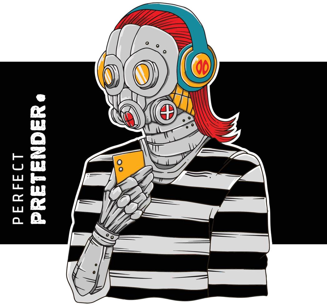 ett original- karaktär av en mänsklig bär en mask och innehav telefon med ord 'perfekt pretendent'. lämplig för t-shirt design, kläder, affisch, tapet, bakgrund, etc vektor