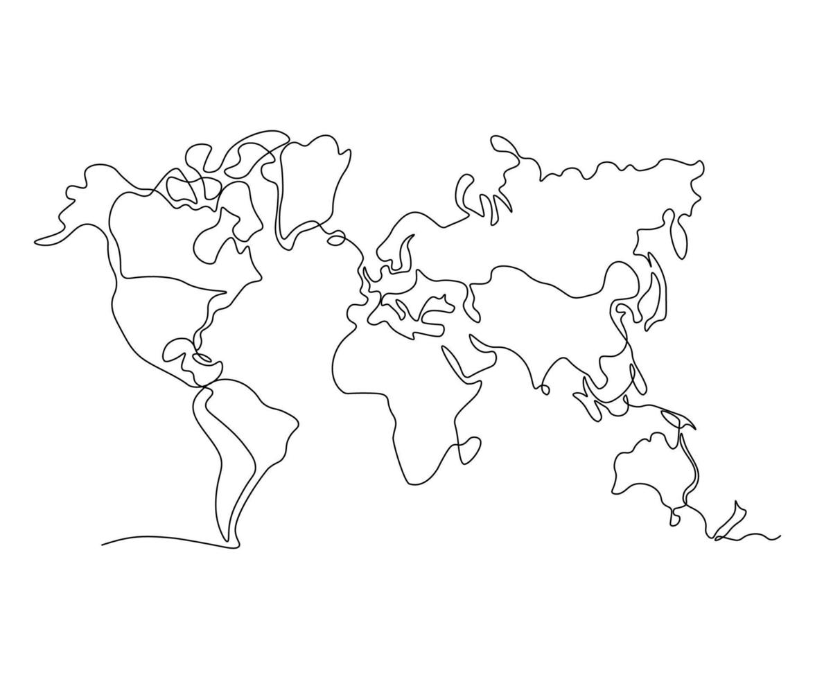 värld Karta, ritad för hand, kontinuerlig monolin, teckning i ett linje vektor