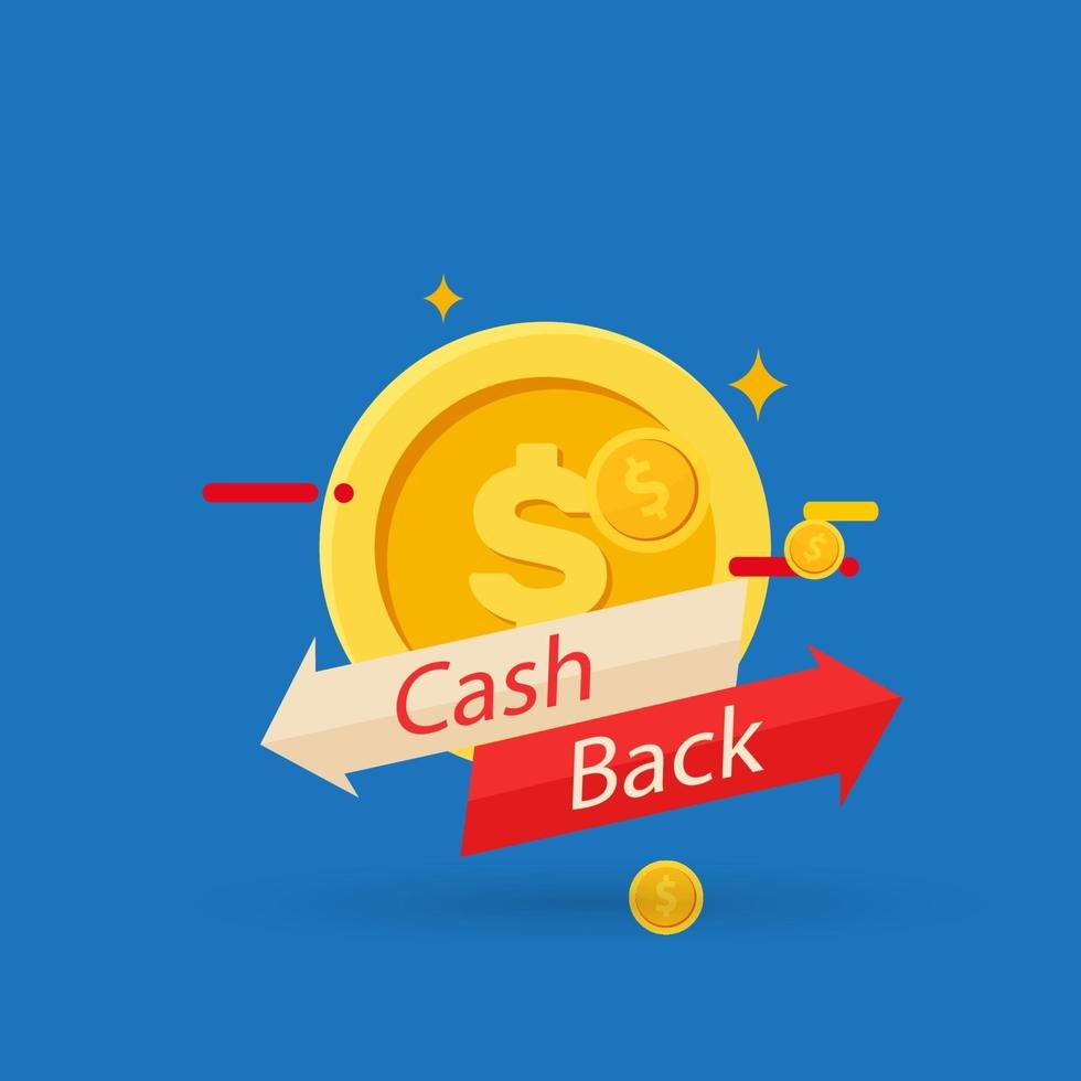 vektor cash back-ikon med mynt och plånbok isolerad på blå bakgrund. cashback eller pengaråterbetalningsetikett