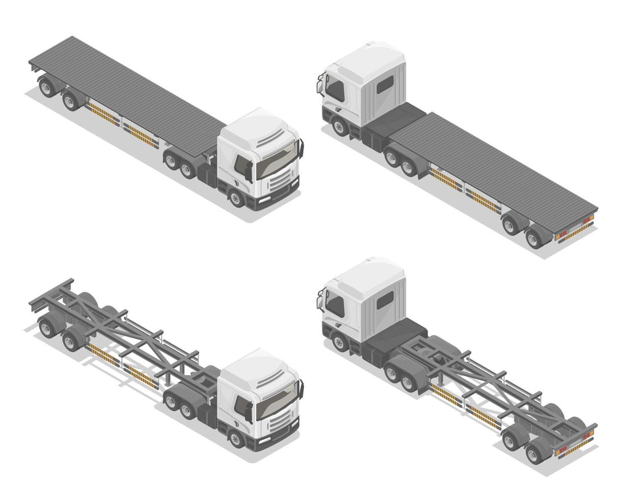 halb Anhänger LKW und Pritsche isometrisch Vorderseite und Rückseite oben Aussicht Nein Container leer isoliert Illustration auf Weiß einstellen Karikatur Vektor