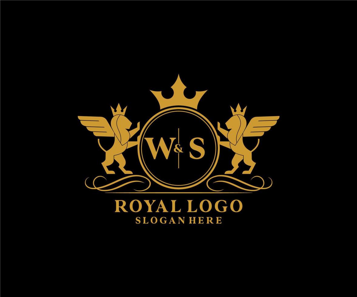 första ws brev lejon kunglig lyx heraldisk, vapen logotyp mall i vektor konst för restaurang, kungligheter, boutique, Kafé, hotell, heraldisk, Smycken, mode och Övrig vektor illustration.