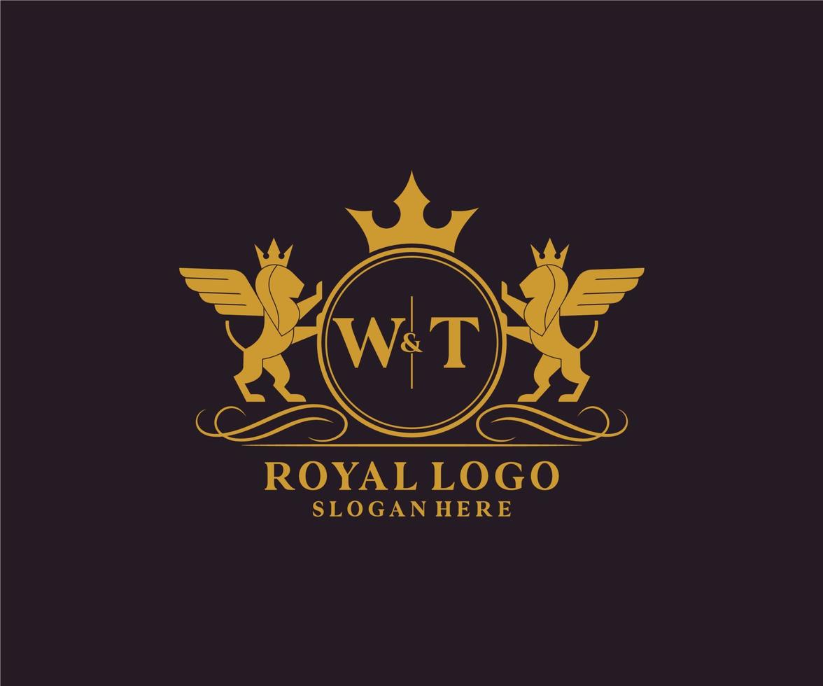 Initiale wt Brief Löwe königlich Luxus heraldisch, Wappen Logo Vorlage im Vektor Kunst zum Restaurant, Königtum, Boutique, Cafe, Hotel, heraldisch, Schmuck, Mode und andere Vektor Illustration.