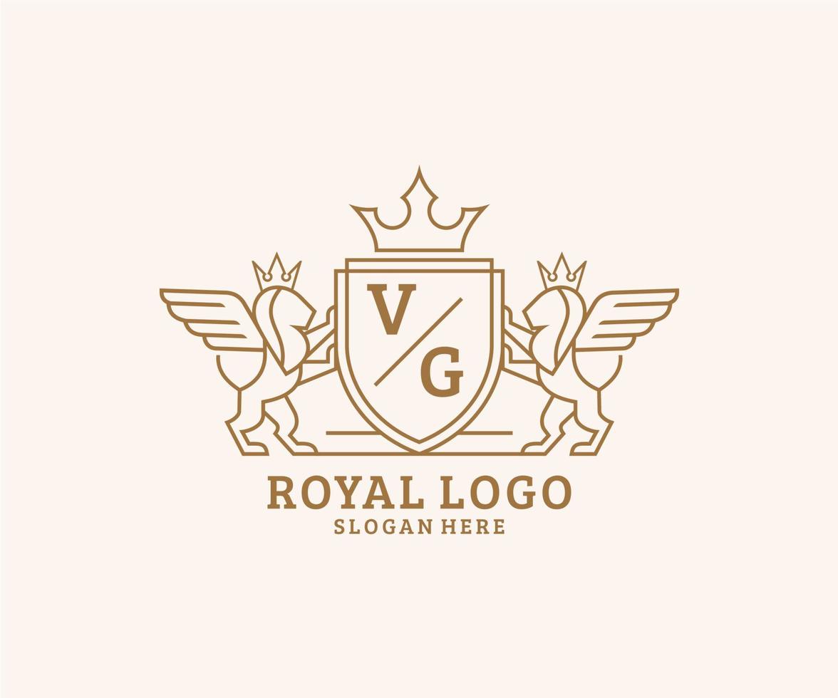 första vg brev lejon kunglig lyx heraldisk, vapen logotyp mall i vektor konst för restaurang, kungligheter, boutique, Kafé, hotell, heraldisk, Smycken, mode och Övrig vektor illustration.