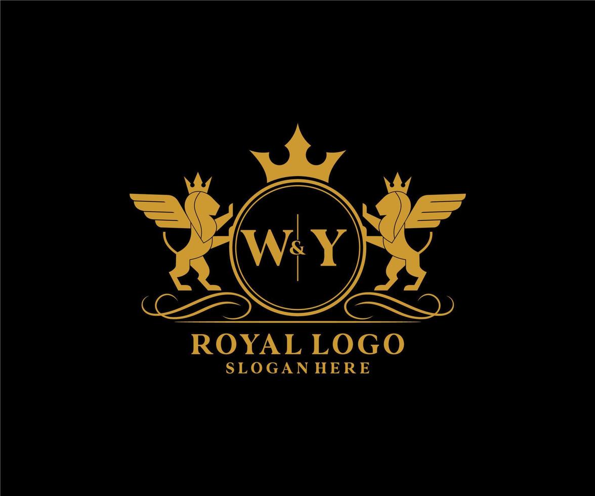 första wy brev lejon kunglig lyx heraldisk, vapen logotyp mall i vektor konst för restaurang, kungligheter, boutique, Kafé, hotell, heraldisk, Smycken, mode och Övrig vektor illustration.