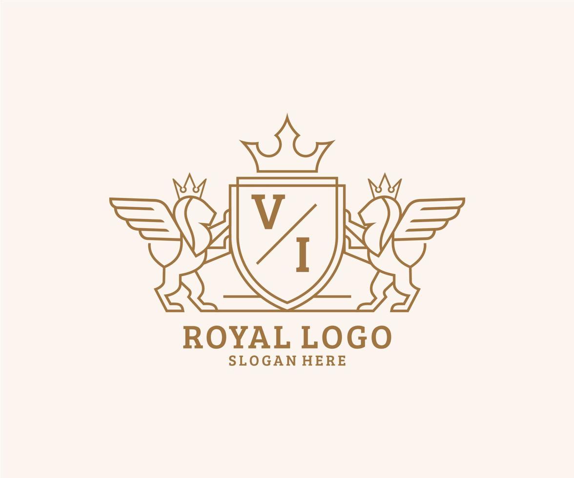 Initiale vi Brief Löwe königlich Luxus heraldisch, Wappen Logo Vorlage im Vektor Kunst zum Restaurant, Königtum, Boutique, Cafe, Hotel, heraldisch, Schmuck, Mode und andere Vektor Illustration.