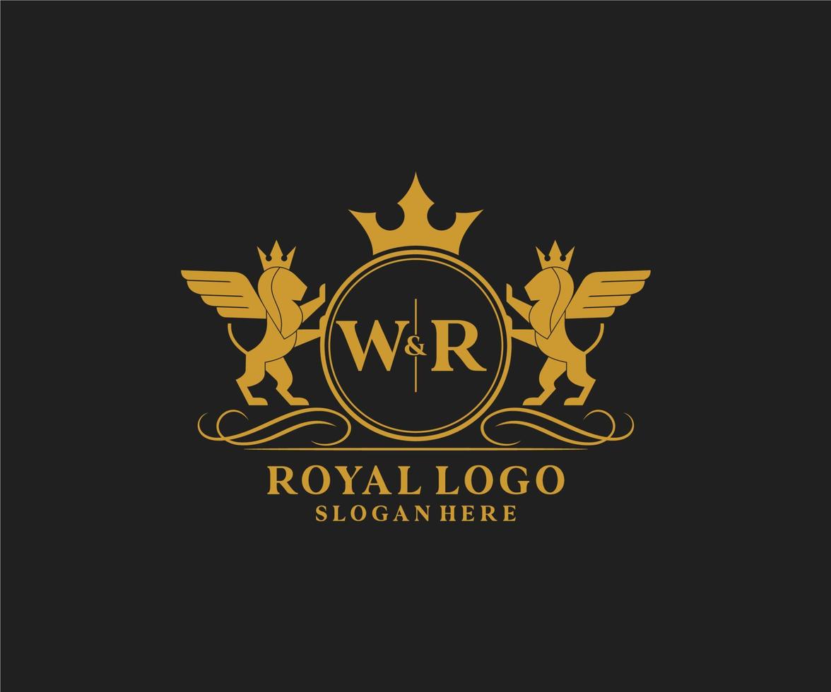 första wr brev lejon kunglig lyx heraldisk, vapen logotyp mall i vektor konst för restaurang, kungligheter, boutique, Kafé, hotell, heraldisk, Smycken, mode och Övrig vektor illustration.