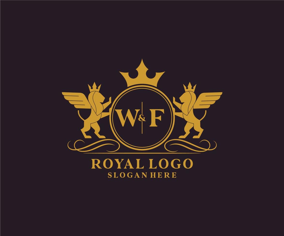 första wf brev lejon kunglig lyx heraldisk, vapen logotyp mall i vektor konst för restaurang, kungligheter, boutique, Kafé, hotell, heraldisk, Smycken, mode och Övrig vektor illustration.