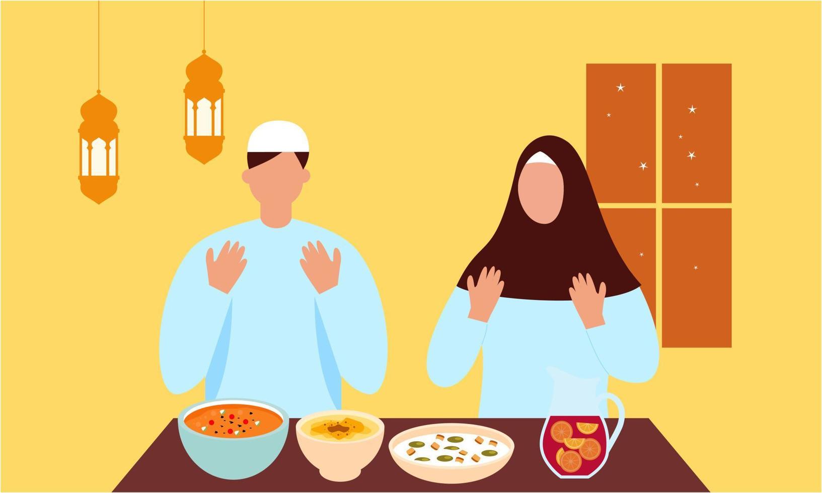 iftar Party mit Familie während Ramadan, Mahlzeit mit Muslim Familie, Ramadan Fasten Illustration vektor