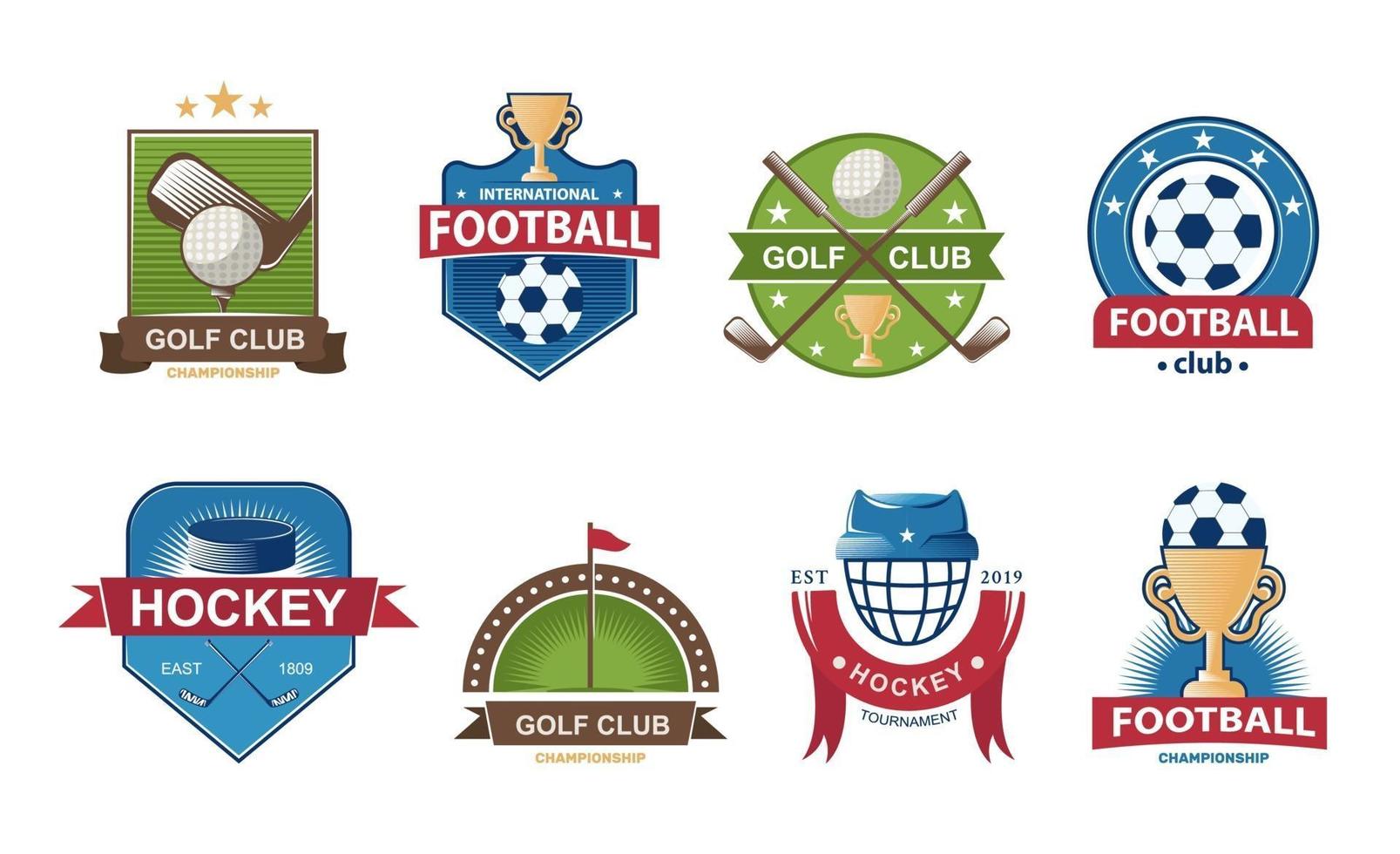 uppsättning fotbollslogotyper. golf samling emblem. hockey etiketter märken. vektor illustration.