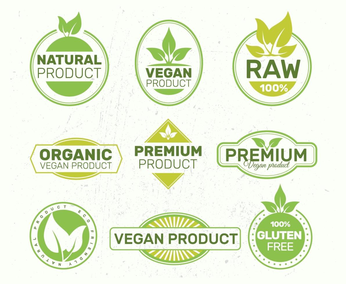 uppsättning miljömärken, ekologisk, färsk, hälsosam, 100 procent, premium och naturlig mat, vegan. märken, taggar, förpackning. vektor