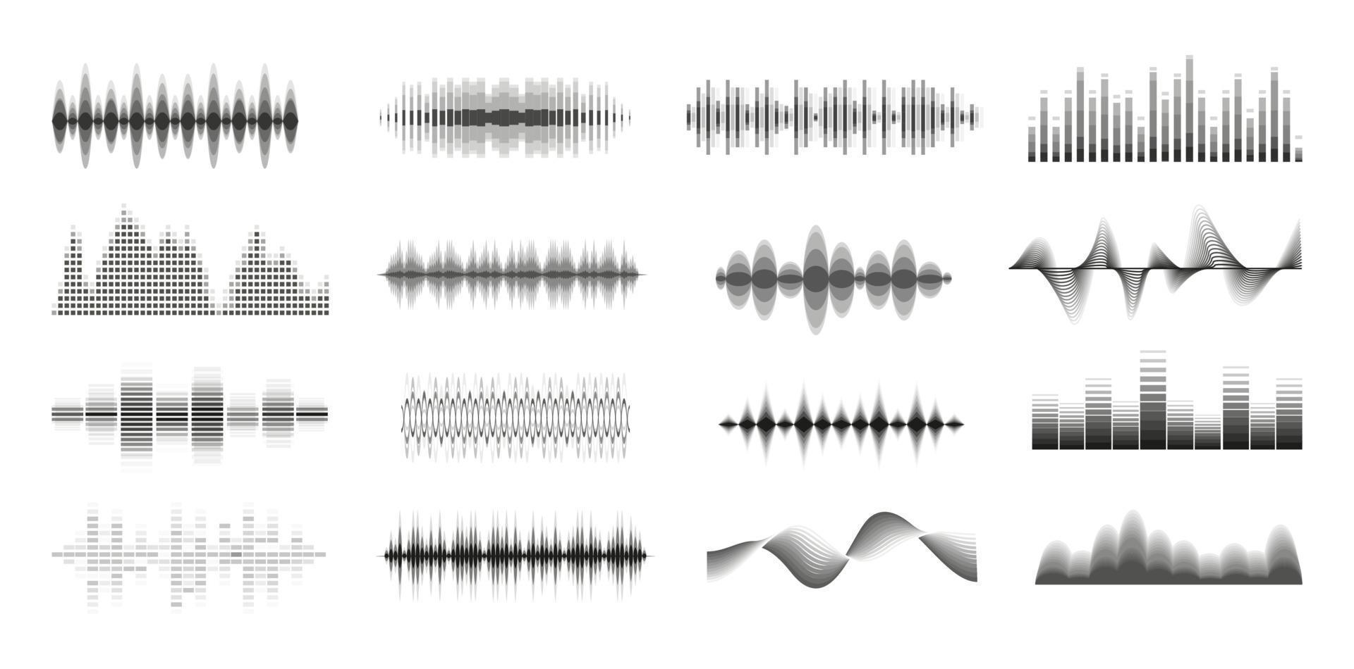 Musik Schallwellen großes monochromes Set. Konsolenbedienfeld. Musik-Audio-Sammlung. elektronisches Funksignal. Equalizer. vektor