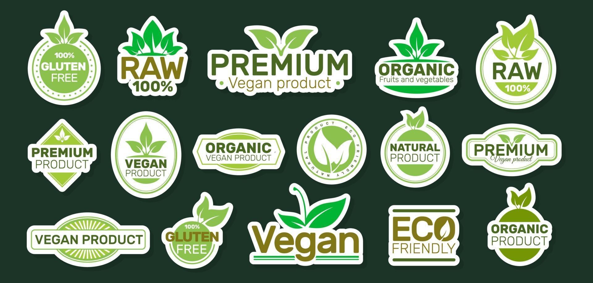 ekologiklistermärken med slagord. vegansk lapp. bio, ekologisk, färsk, hälsosam. vektor illustration design.