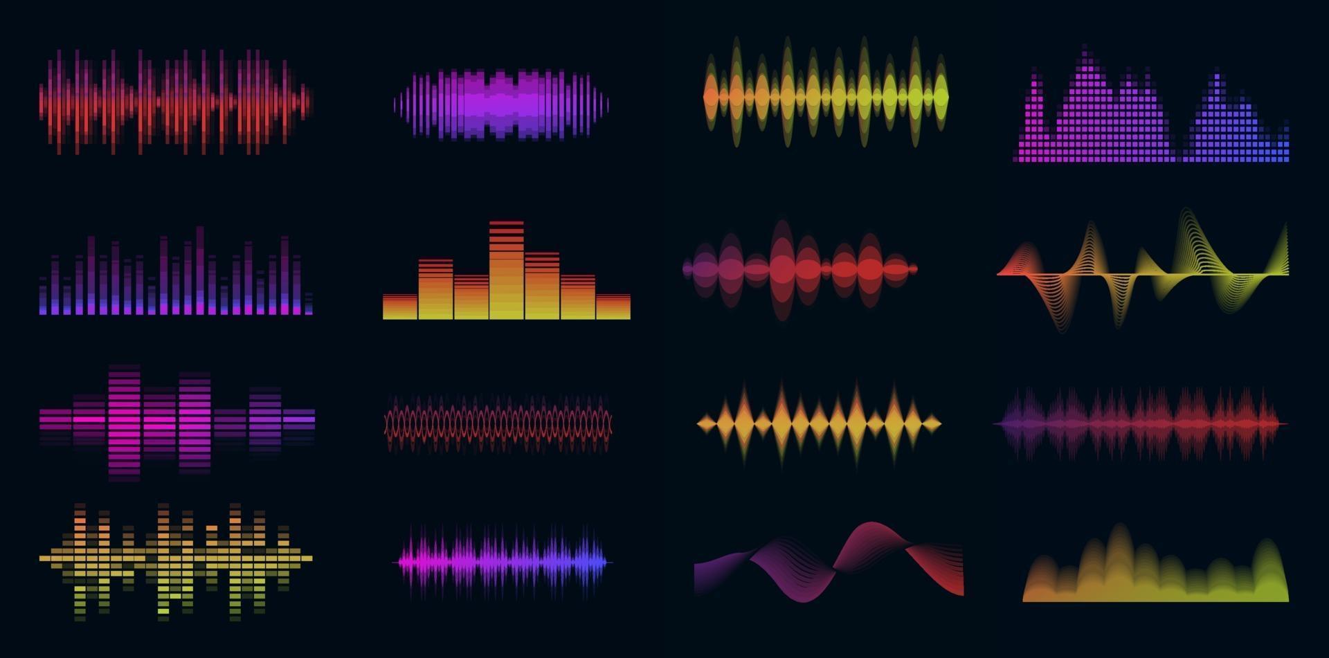 musik ljudvågor stora färgglada set. musik ljudsamling. konsolpanel. elektronisk radiosignal. utjämnare. vektor