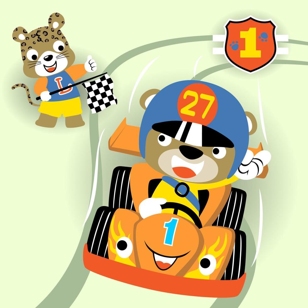 söt Björn på tävlings bil, leopard innehav Avsluta flagga, vektor tecknad serie illustration