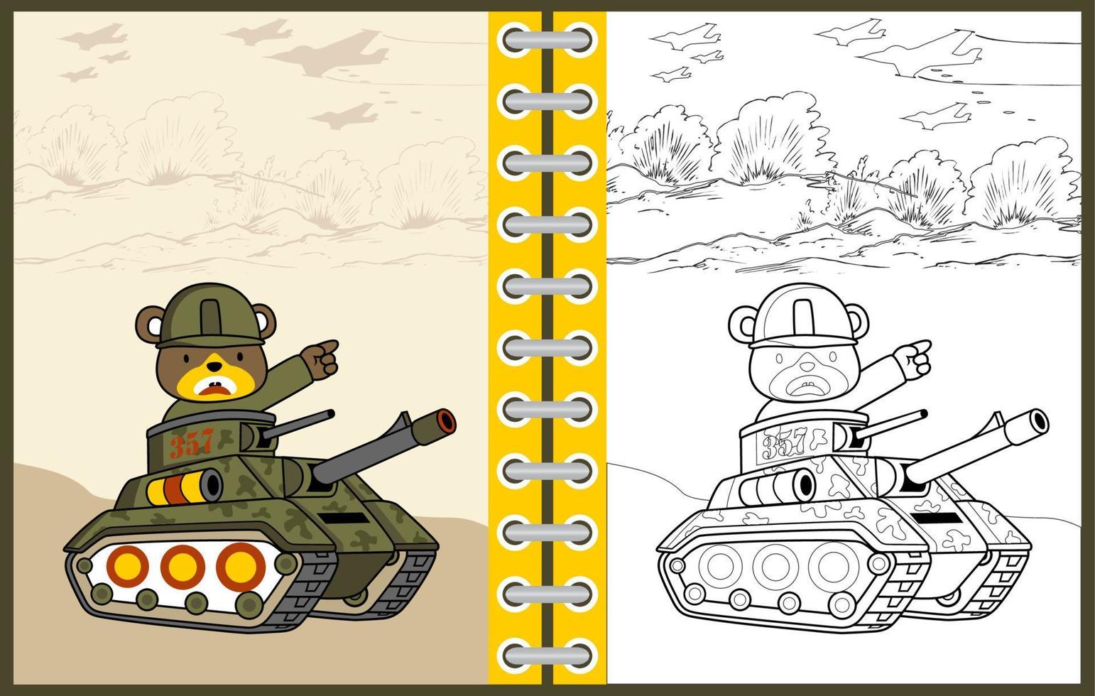 süß Bär Soldat auf gepanzert Fahrzeug, Vektor Karikatur Illustration, Färbung Seite oder Buch