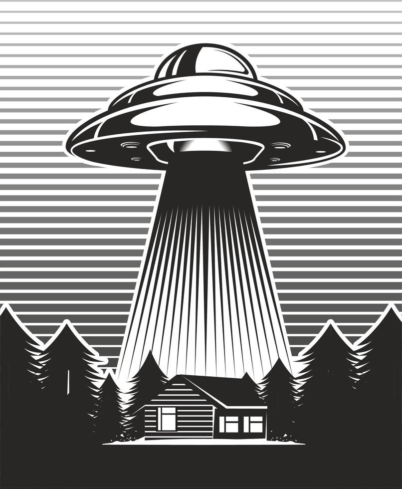 ufo affisch vintage. utomjordingar bortför från en gård. hus med väderkvarn kvarn i skogen. svartvit design. vektor illustration.