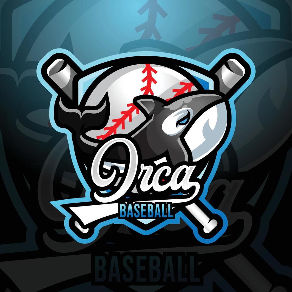 Orca Mörder Wal Maskottchen Baseball Mannschaft Logo Design Vektor mit modern Illustration Konzept Stil zum Abzeichen, Emblem und T-Shirt Drucken. Logo zum Sport, Spieler, Streamer, Liga und Esport Team.