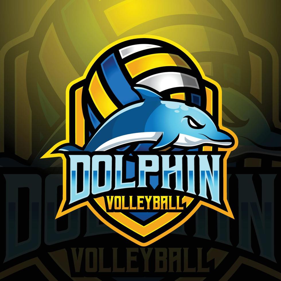 delfin maskot volleyboll team logotyp design vektor med modern illustration begrepp stil för bricka, emblem och tshirt utskrift. modern delfin skydda logotyp illustration för sport, spelare, banderoll